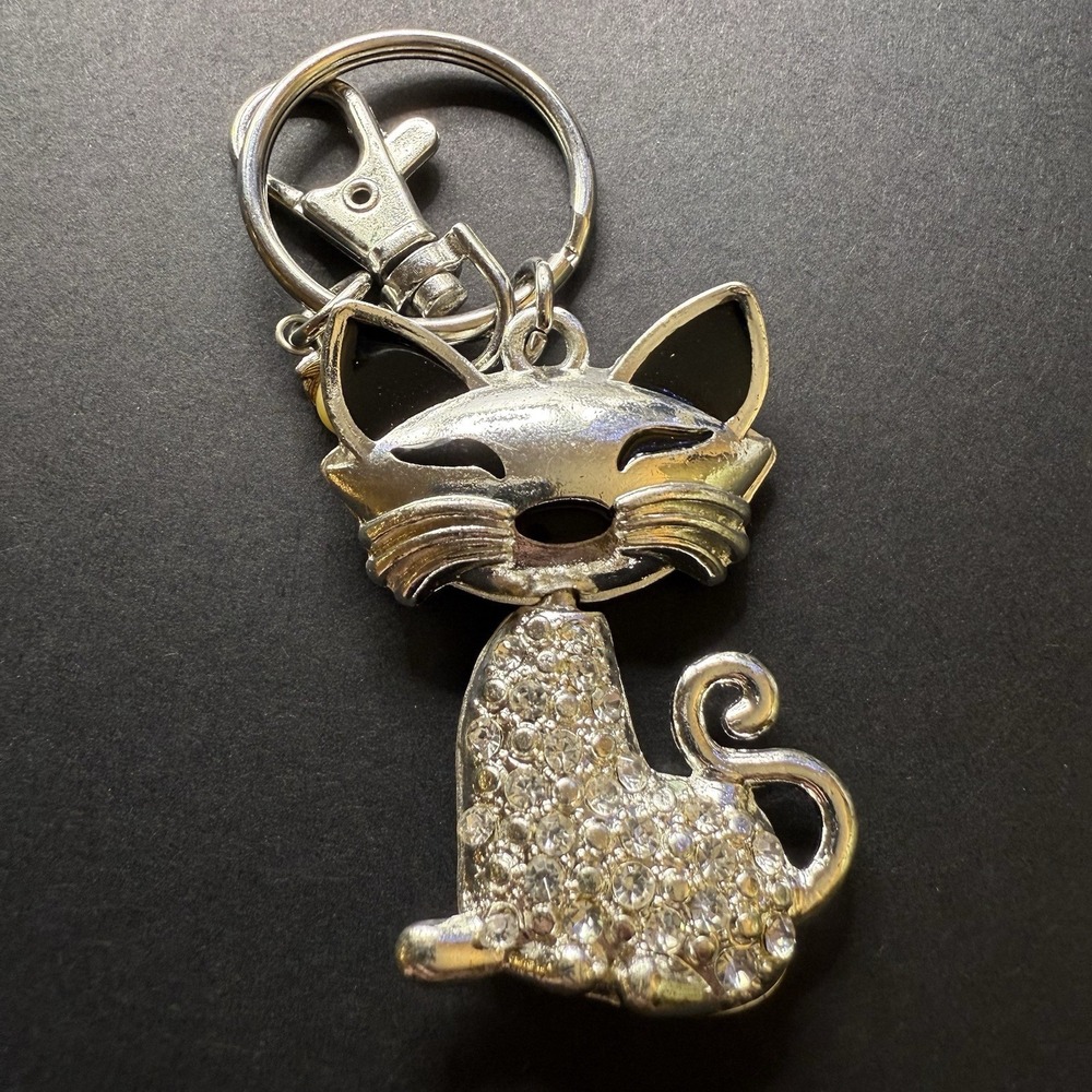 Large! Crystal Silver Tone Cat Keychain Pendant Rhinestone Purse Charm Necklace